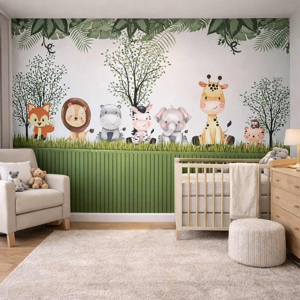 Papel de Parede Safari Animais Fofinhos Infantil Quarto Bebê Lavável Painel Completo em Oferta na Shopee