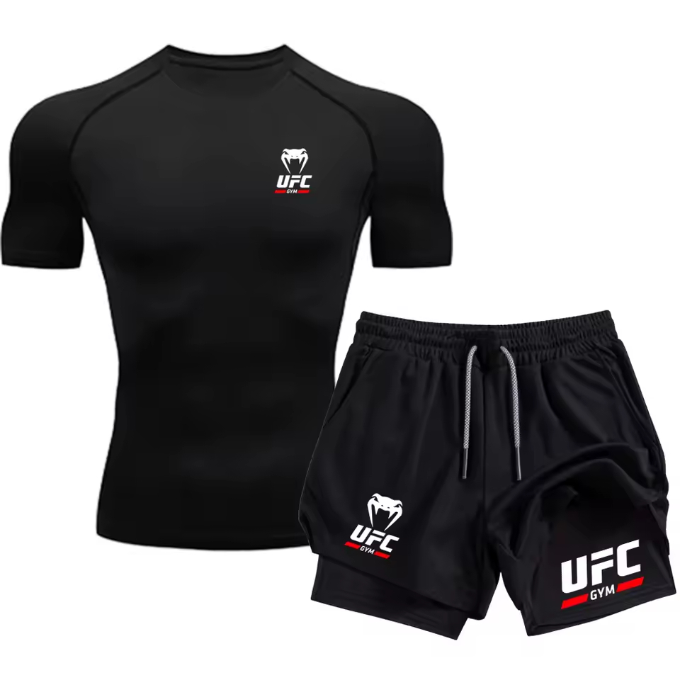 Kit Camiseta e Short Compressão Dry-Fit Slim GYM UFC Esporte Treino Academia Fitness