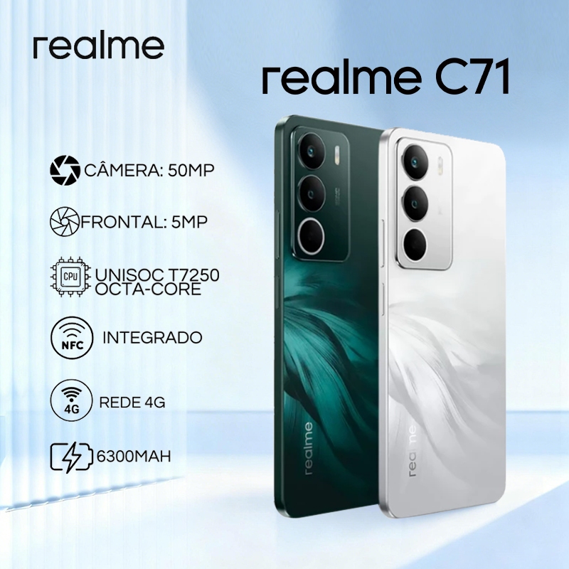 Celular Realme C71 5G Smartphone 8GB + 256GB Global versão NFC 50MP 5000 mAh Android 15 barato novo