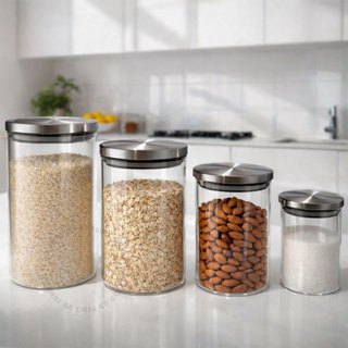 Kit 4 Potes de Vidro Hermético com Tampa de Inox Temperos e Alimentos Redondos em Oferta na Shopee