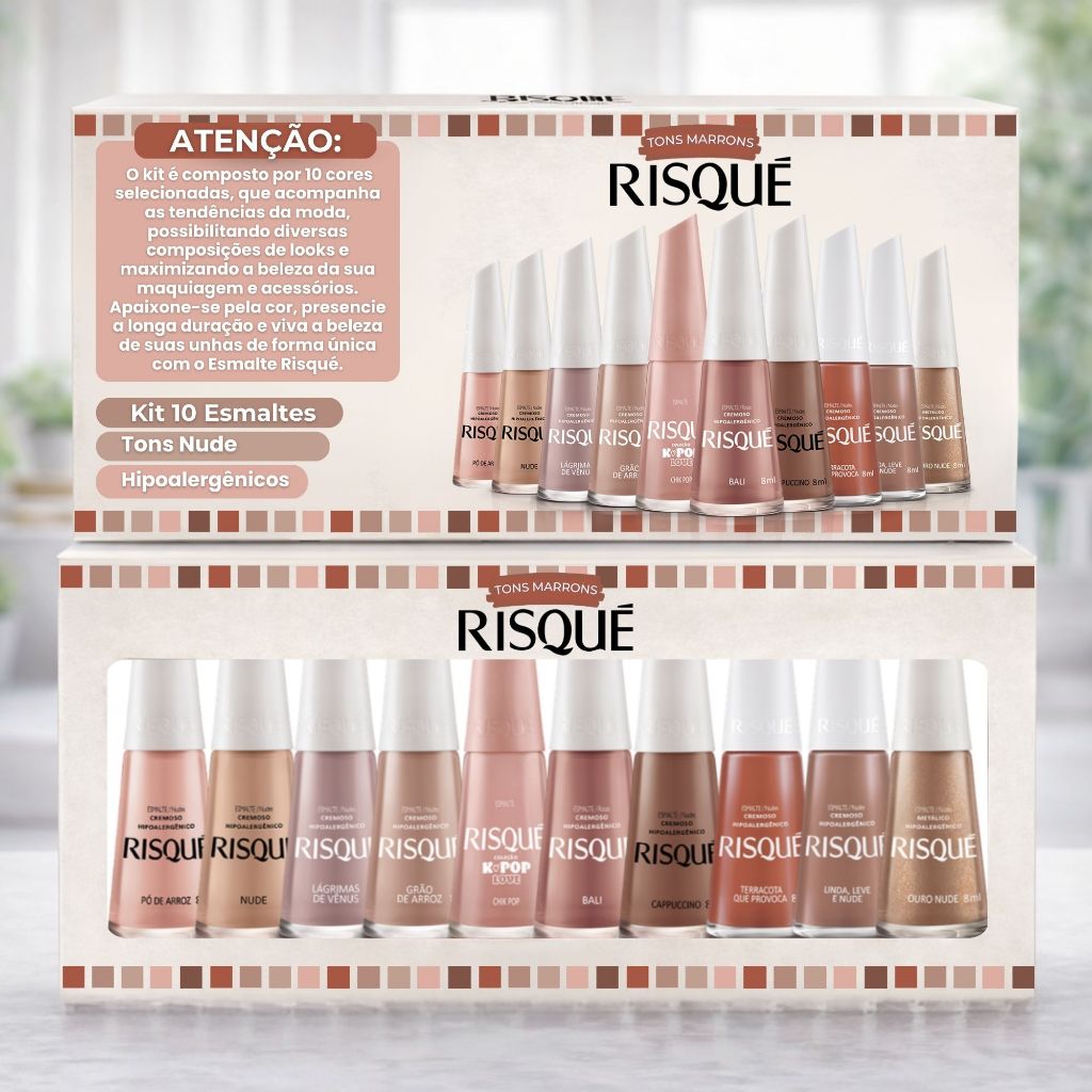 Kit Esmalte Risque Atacado Manicure 10 Cores Tons Nude + Caixa Personalizada Esmalte Atacado
