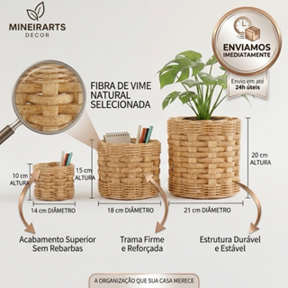 Kit 3 ou 2 Vaso de Planta Cachepô Redondo em Madeira Rústica e Fibra Sintética em Oferta na Shopee