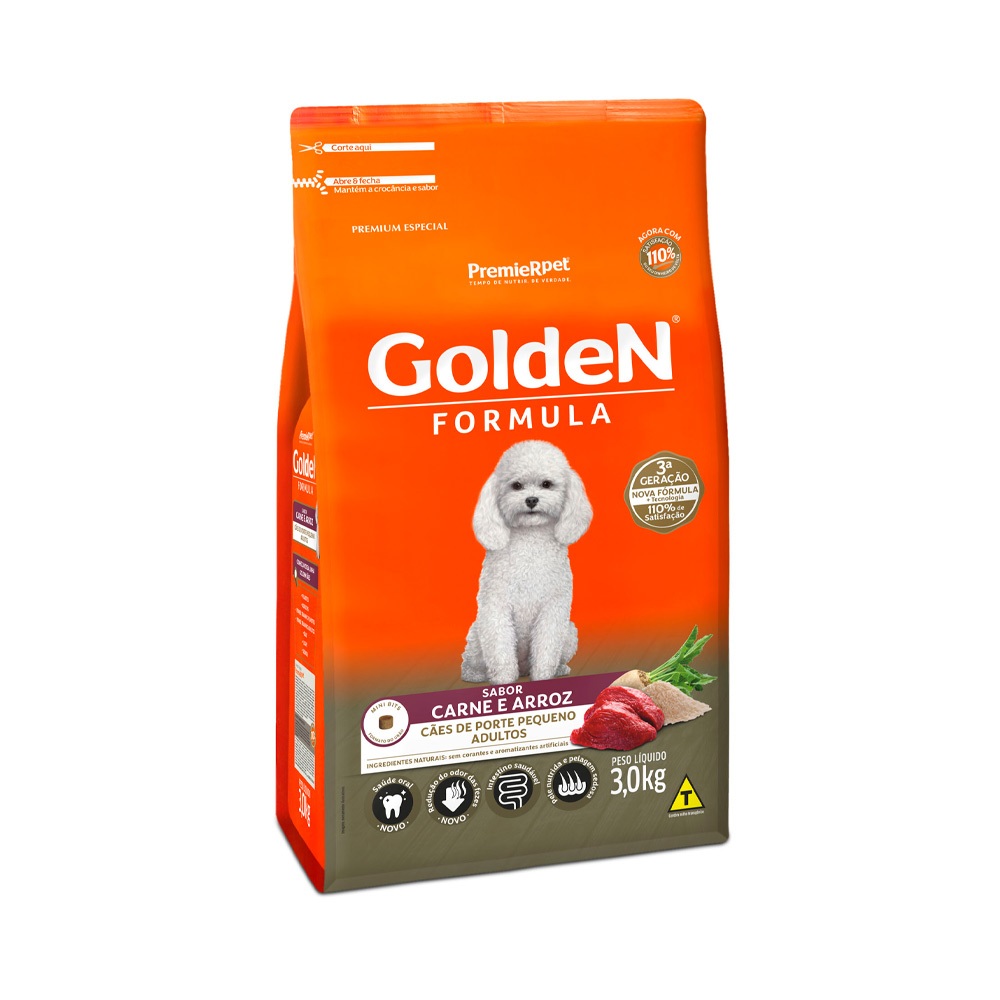 Ração pra Cães Adultos de Raças Pequenas Golden Formula sabor Carne e Arroz Mini Bits 3kg