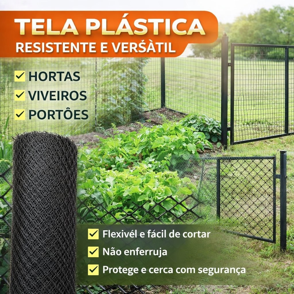 Tela Plástica Reforçada 1m Altura x 5m  – Proteção, Jardim, Obras e Cercas