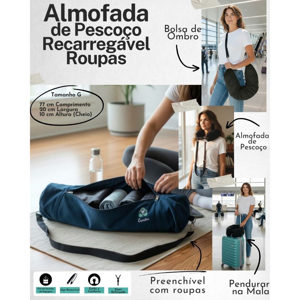 Travesseiro viagem recarregável roupas Almofada Pescoço Recheado Portátil Pescoceiro