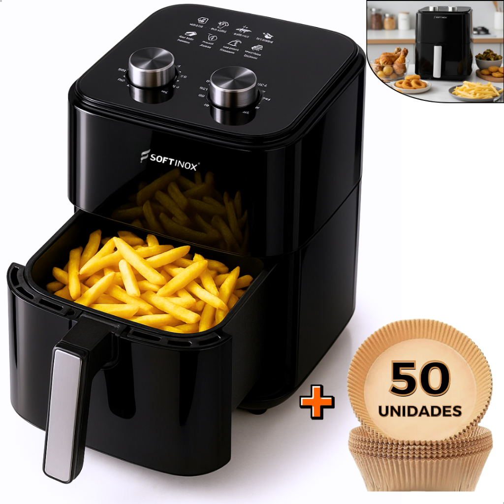 Fritadeira Elétrica Sem Óleo Air Fryer 4.2L 127V ou 220V Assadeira Preta Softinox + 50 Formas Papel