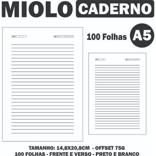 Miolo Pautado A5 para Caderno – 100 folhas - Offset 75G. 1/1 PB - Kit 5/10/15 em Oferta na Shopee