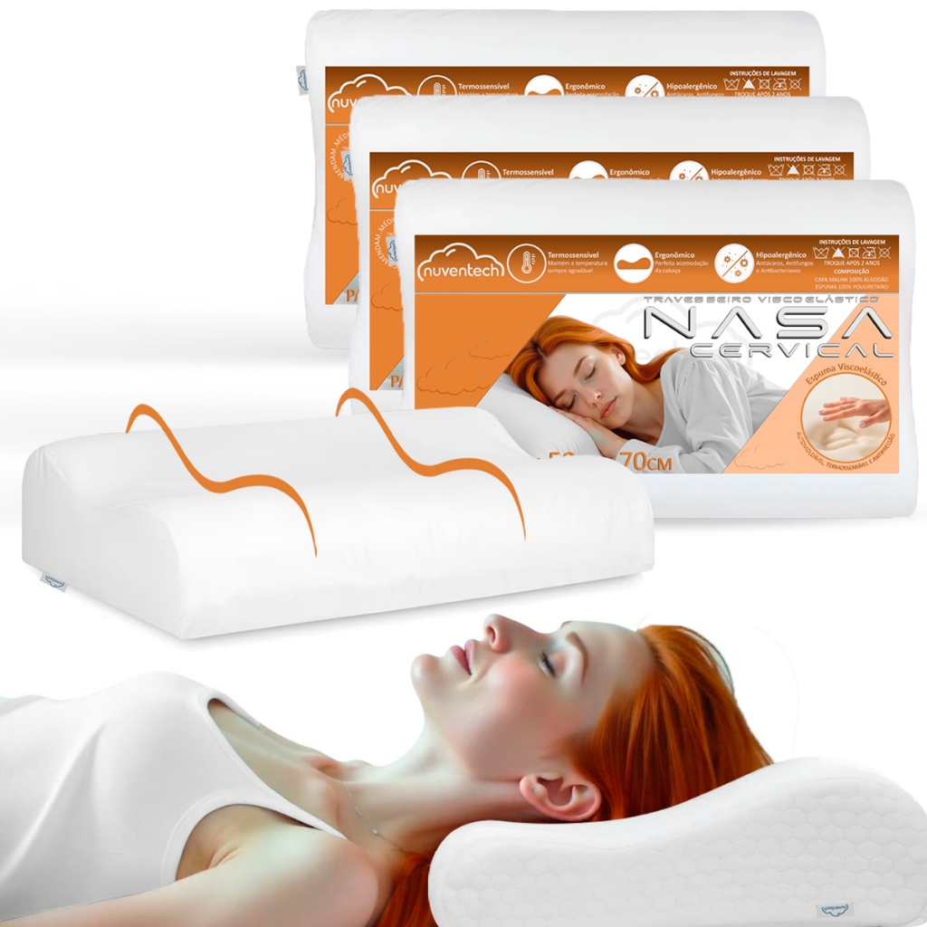 Kit 3 Travesseiros Nasa Visco Cervical Ortopédico Anatomico