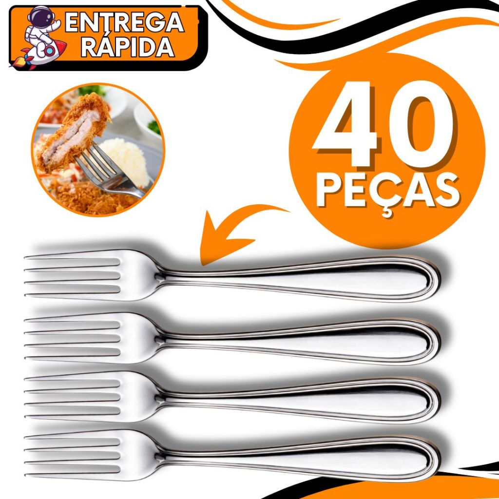 KIT 40 Garfo de Mesa Carne Risoto Pure Churrasco Aço Inox Resistente Talher Grande Casa Cozinha Restaurante Pizzaria