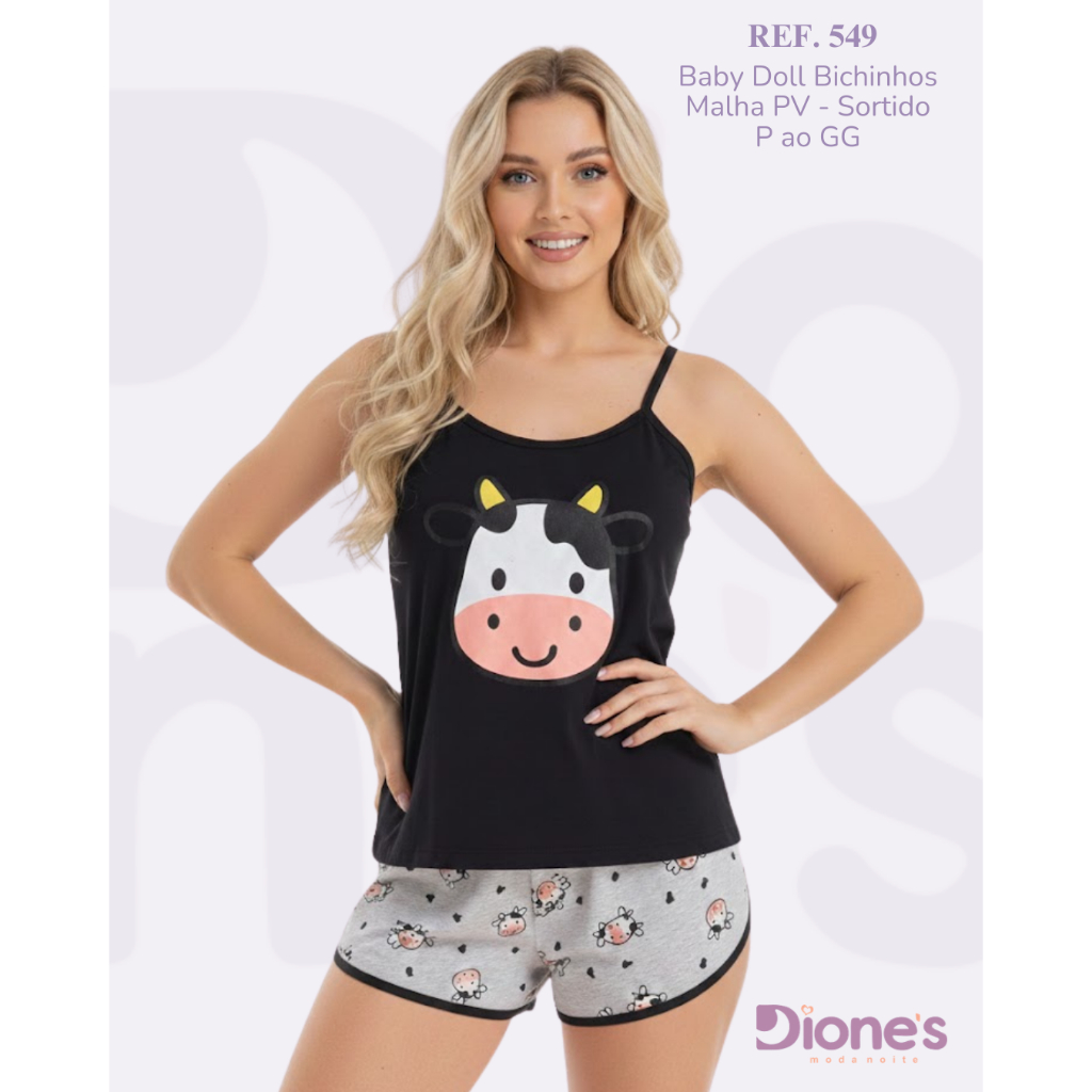Kit Combo 2 Pijama Baby Doll Conjunto Feminino Bichinhos Malha Leve Confortável Promoção