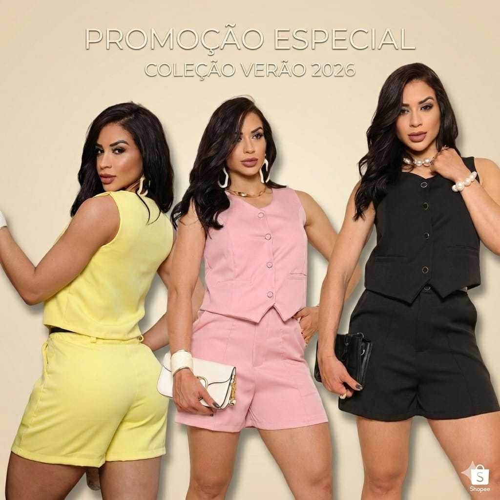 Conjunto Feminino Alfaiataria  Colete com Bolso + Shorts com Ziper Frontal Cintura Alta Verão em Oferta na Shopee