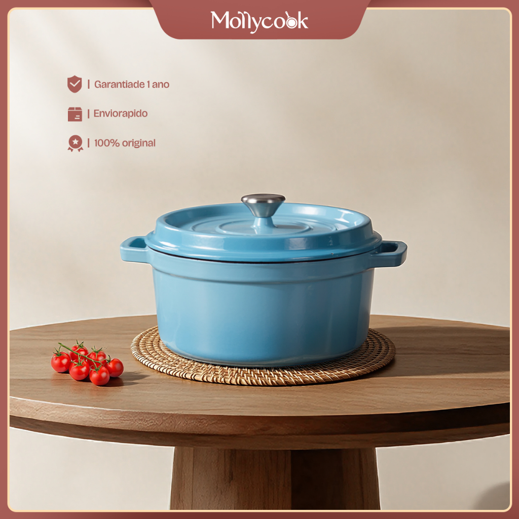 Imagem Mollycook Panela Caçarola De Ferro Fundido Esmaltado 22/24cm Premium Fogão Indução Panela Esmaltado de Ferro Com Tampa