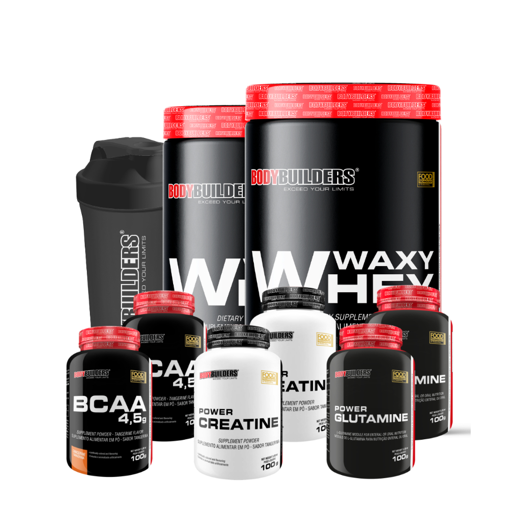 Kit 2x Waxy Whey 900g + 2x BCAA + 2x Creatina 100g + 2x Glutamina 100g + Coqueteleira - Bodybuilders