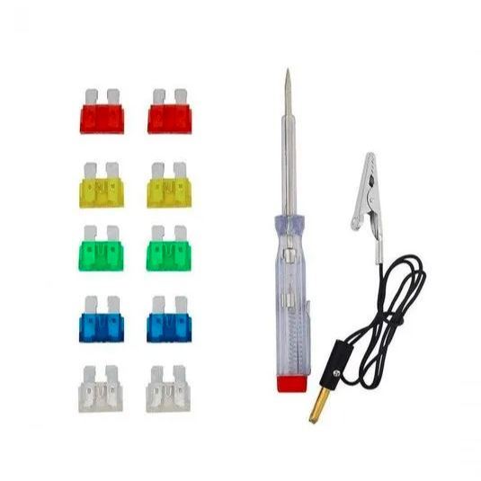 Kit Elétrica Com 12 Peças Chave Teste Cabo + 10 Fusíveis