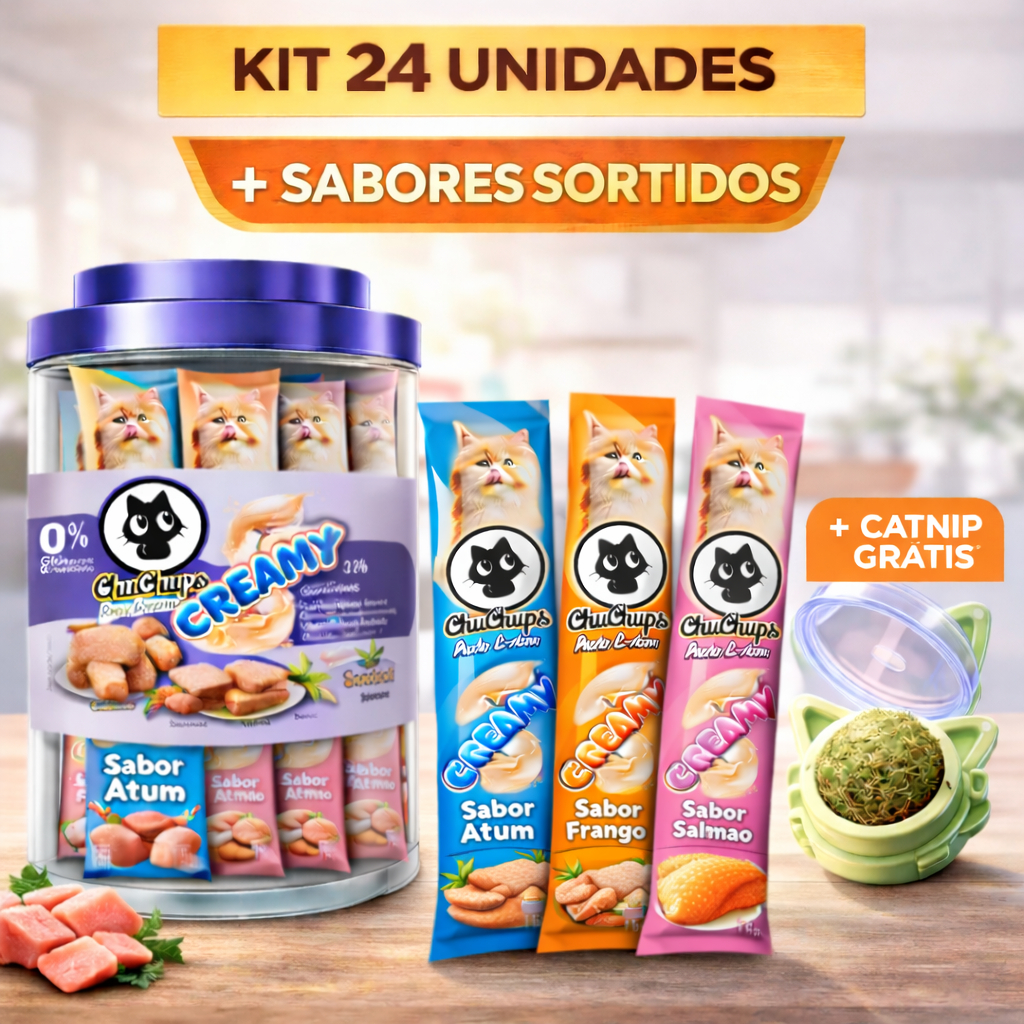 Kit 24 Chuchups Sachê Cremoso para Gatos Sabores Sortidos Atum Frango Salmão + Catnip em Oferta na Shopee