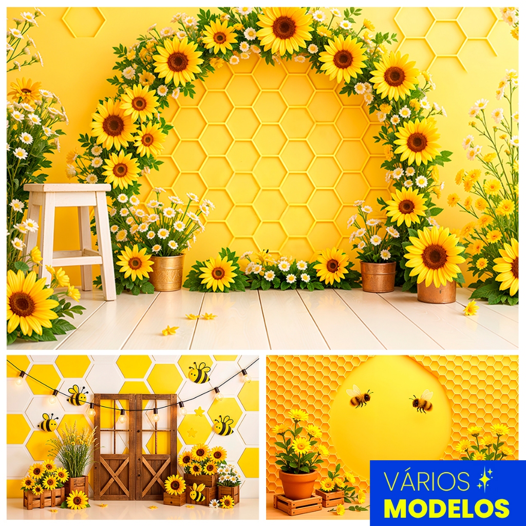 Fundo Fotográfico Abelha Newborn Jardim Girassol 1,5 x 2,2 Mt