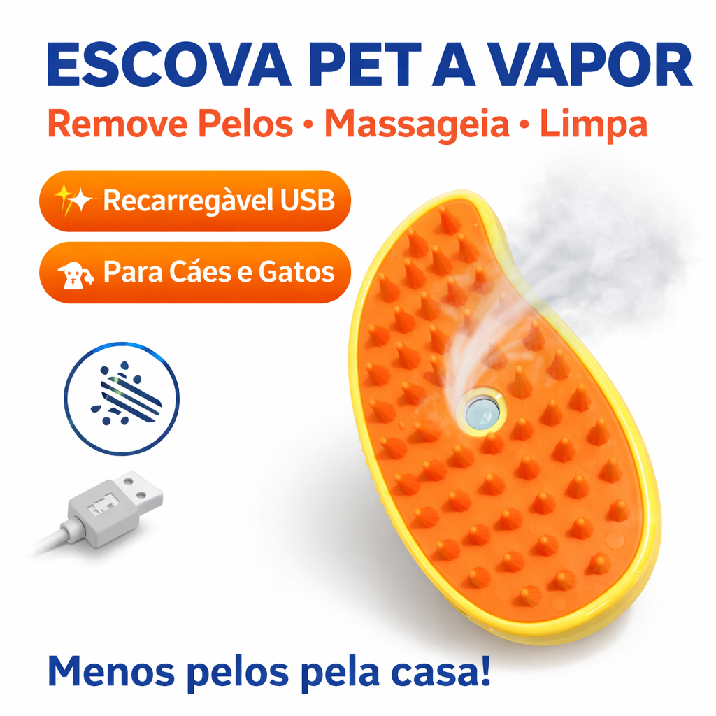 Escova para PET Vapor Pente de Animais Cachorro Gato Recarregavel Agua ou Essencias Removedor Pelos