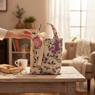 Sacola Ecobag Tote Alça Tecido Linho Estampado - Dia das Mães - Mamis + Fita de Cetim + Tag + Tassel em Oferta na Shopee