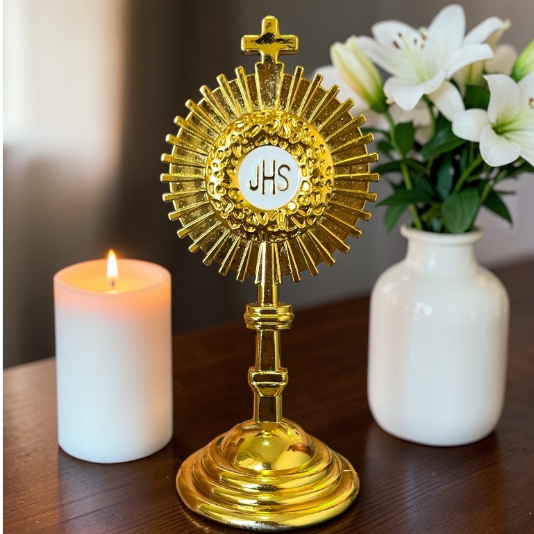 Ostensório Plástico de Mesa Dourado Base Dupla face JHS Eucaristia Enfeite Decoração