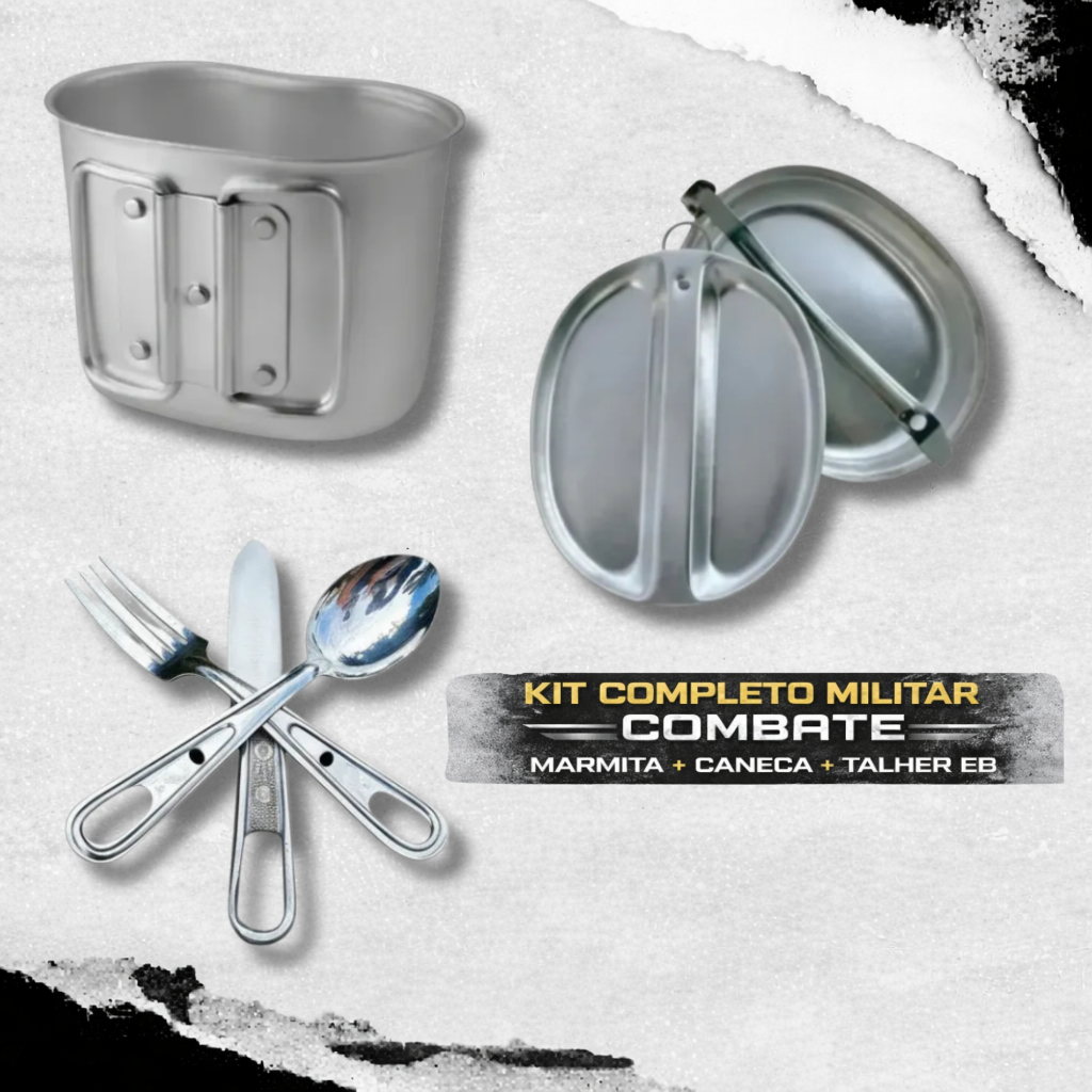 Kit Combate Caneca De Cantil Térmico + Marmita Alumínio + Talher Articulado com Marcação EB