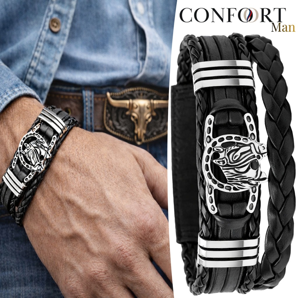 Pulseira de Couro Masculino Ajustável Cavalo Ferradura Country - Vários Modelos em Oferta na Shopee