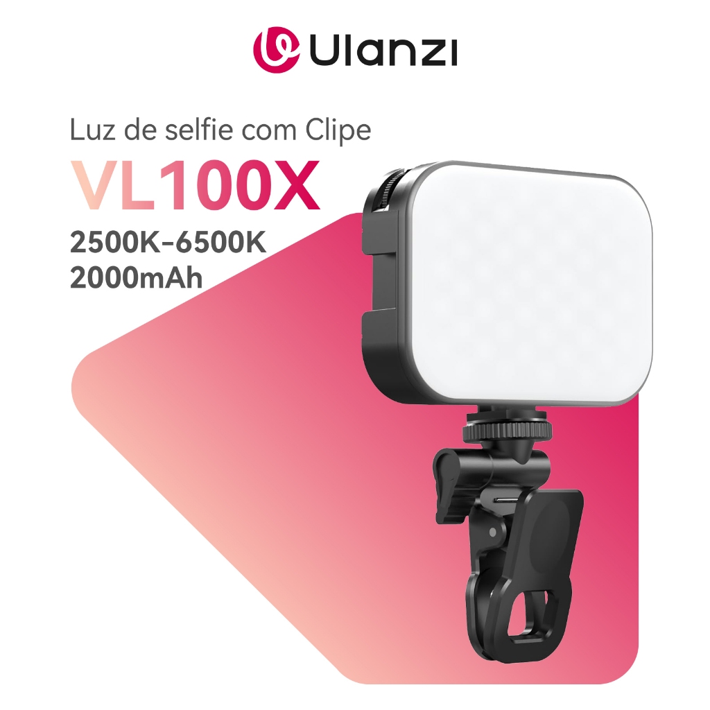 ULANZI VL100X Luz LED Selfie 2500K-6500K Bateria 2000mAh com Clip e Sapata Fria Vlog