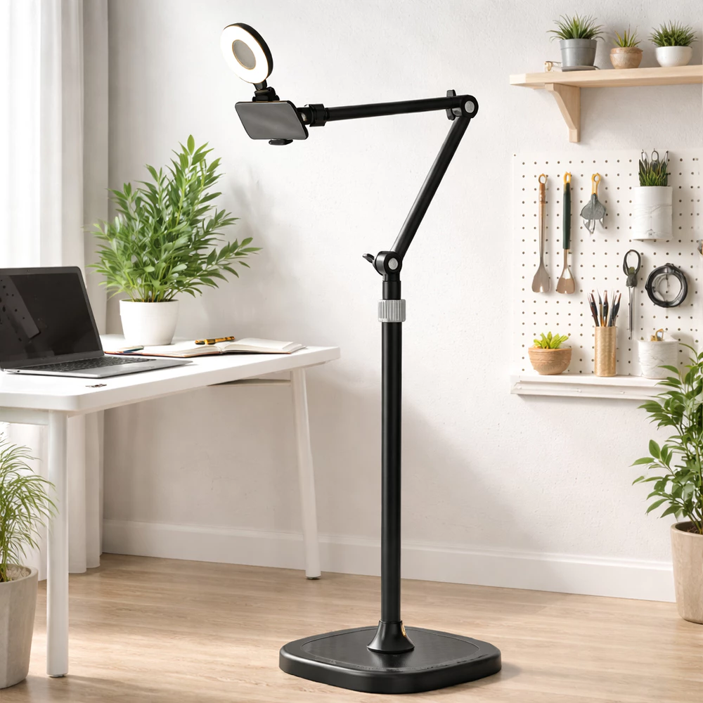 Suporte Celular com Ring Light Altura Regulável Base Antiderrapante Clip Extensível Estável