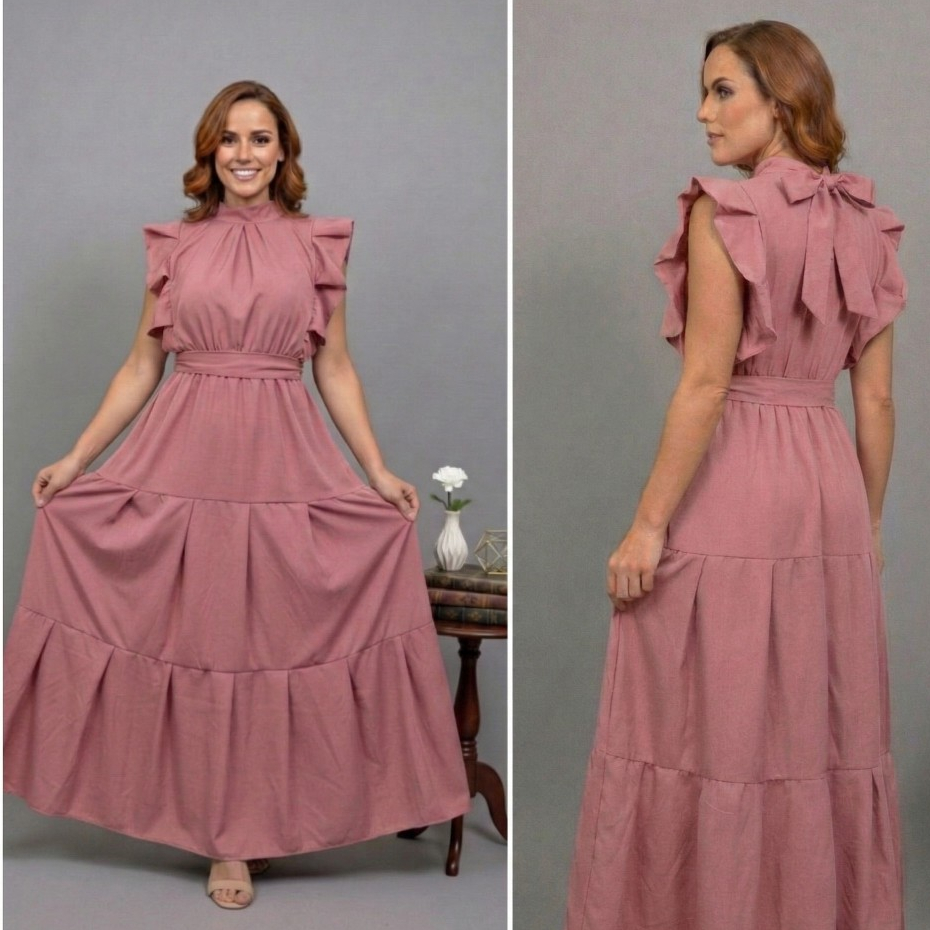 Vestido Feminino Longo Luxo, Evangelico e Festa Saia três Marias com Babado Manga Allana