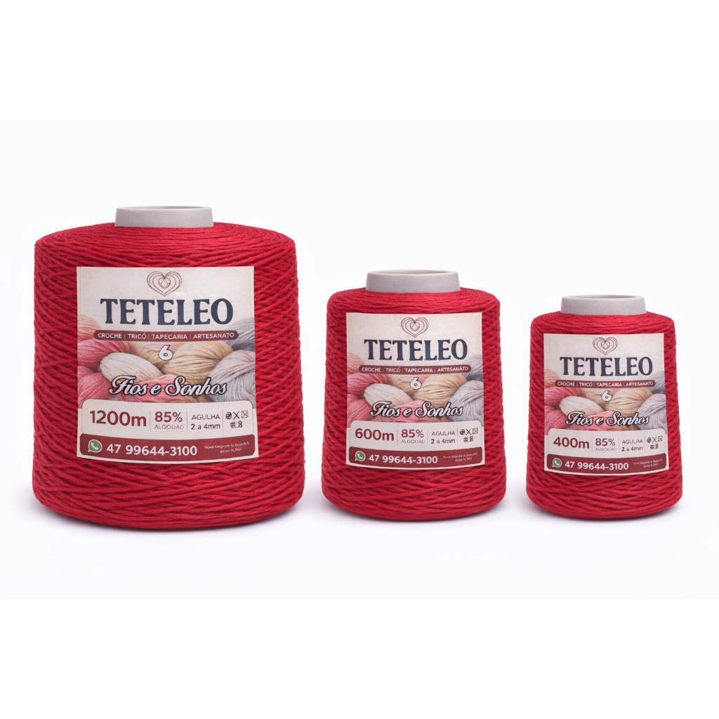 Barbante Antialérgico Sem Poeira Não Desbota TeTeLeo Fio Nº6 – Ideal para Crochê, Tricô e Artesanato Vermelho