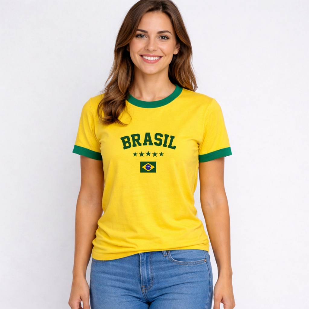 Camiseta Feminina 100% Algodão Várias Estampas Brasil Amarela e Verde Copa do Mundo Hexa Torcida