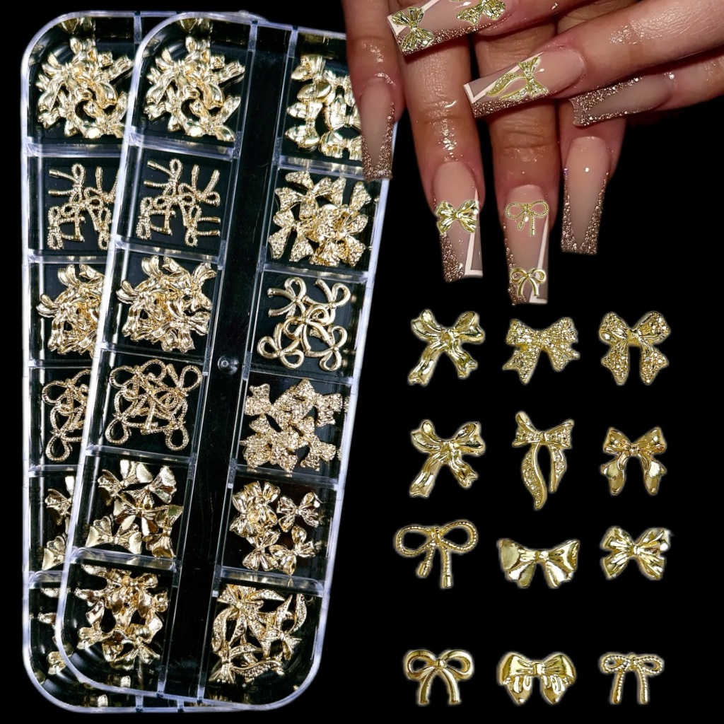 Caixa de 12 Grades Decorações de unhas com laço dourado decorações de unhas com lantejoulas metálicas