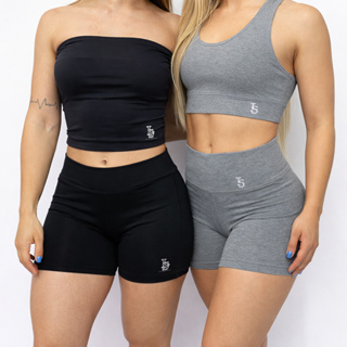 Conjunto Feminino Top e Short Cintura Alta - Cinza e Preto Treino e Academia em Oferta na Shopee