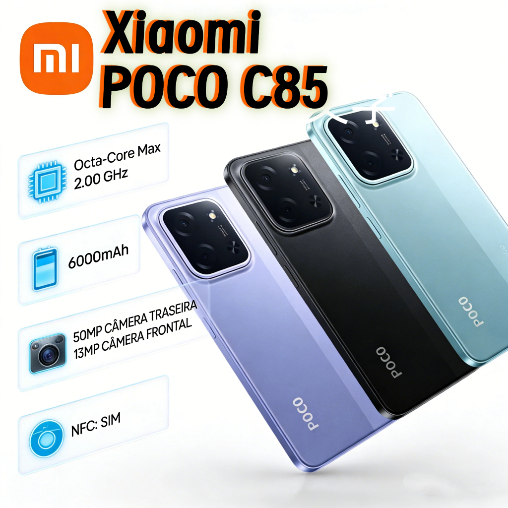 Xiaomi Celular Poco C85 NFC 4G 6GB/128GB NFC Tela de 6.9 Polegadas Bateria 6000 Mah