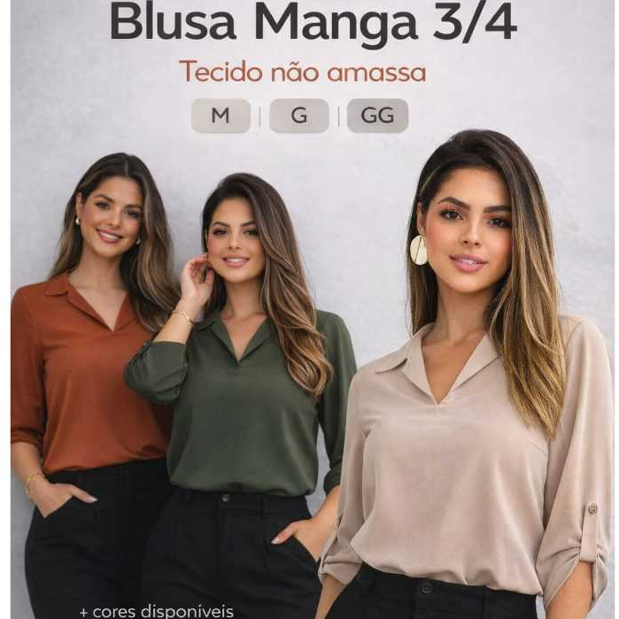 Blusa Camisa Social Feminina Manga 3/4 Com Botão Duna Social Estilosa Elegante | Envio Imediato