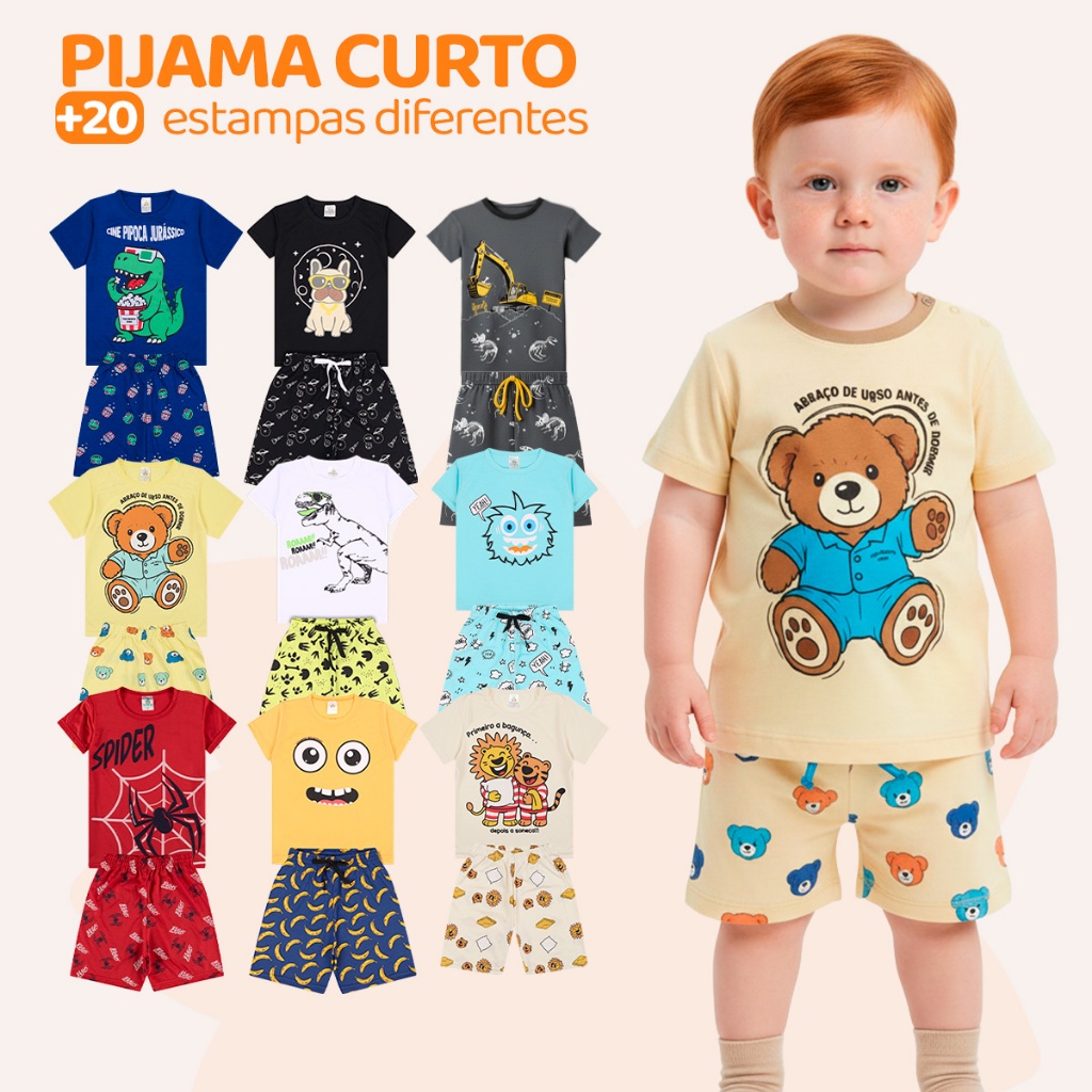 Kit Sortido 2, 4 ou 6 Peças Pijama Curto Bebê Menino (3 Camisas + 3 Bermudas) Kit Pijamas menino Bebê Roupa Infantil Kit Sortido 2, 4 ou 6 Peças Pijama Curto Bebê Menino (3 Camisas + 3 Bermudas) Kit Pijamas menino Bebê Roupa Infantil