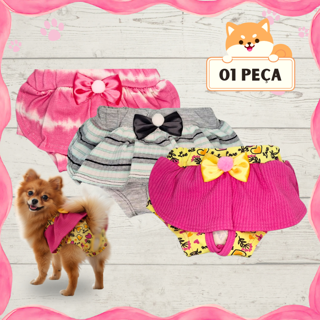 Calcinha Saia 1 peça Calça Fisiológica Pet Protetor Fralda Cio Roupinha Cachorro Verão
