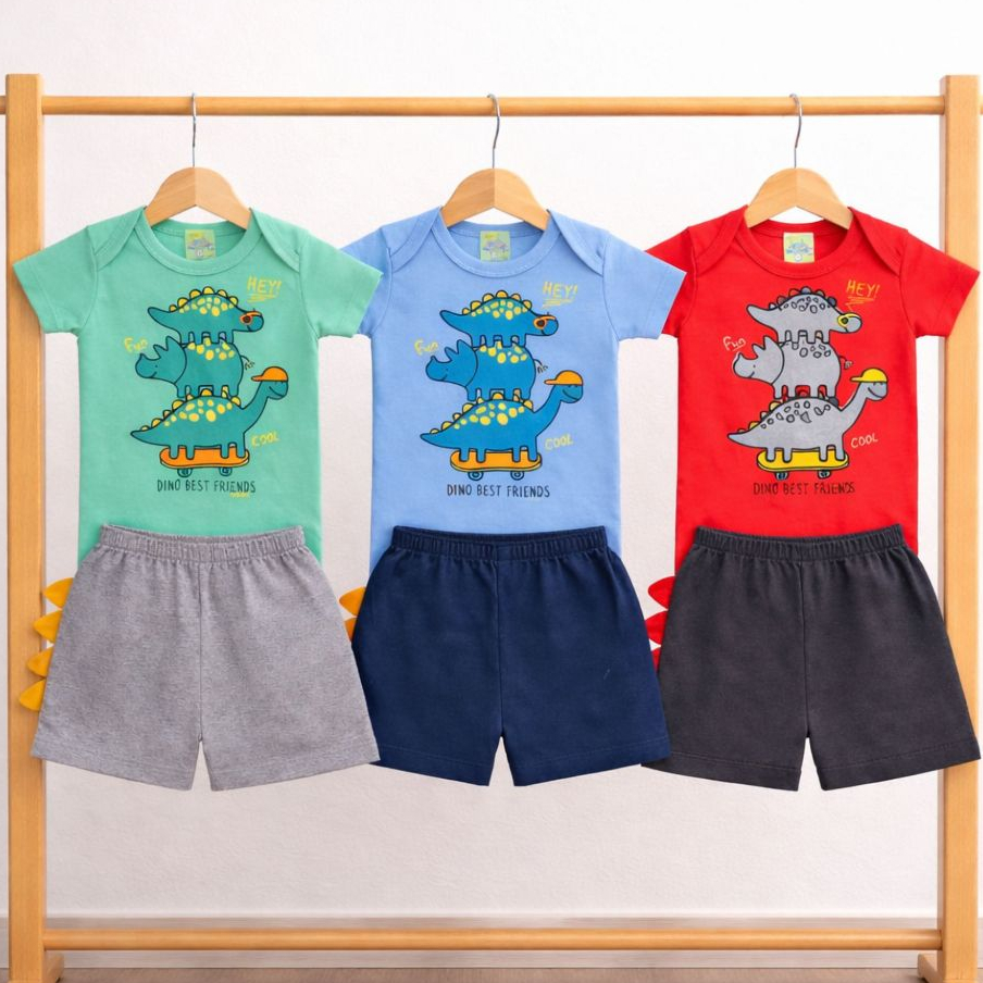 Conjunto Infantil Menino Dinossauro 3D Body Manga Curta + Bermuda Algodão P M G