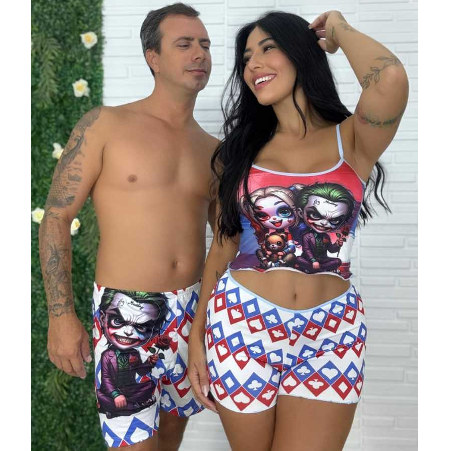 Kit Casal Pijama ShortDoll Cropped Short + Samba Canção Moda Masculina e Feminina Para Dormir
