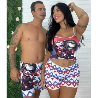 Kit Casal Pijama ShortDoll Cropped Short + Samba Canção Moda Masculina e Feminina Para Dormir