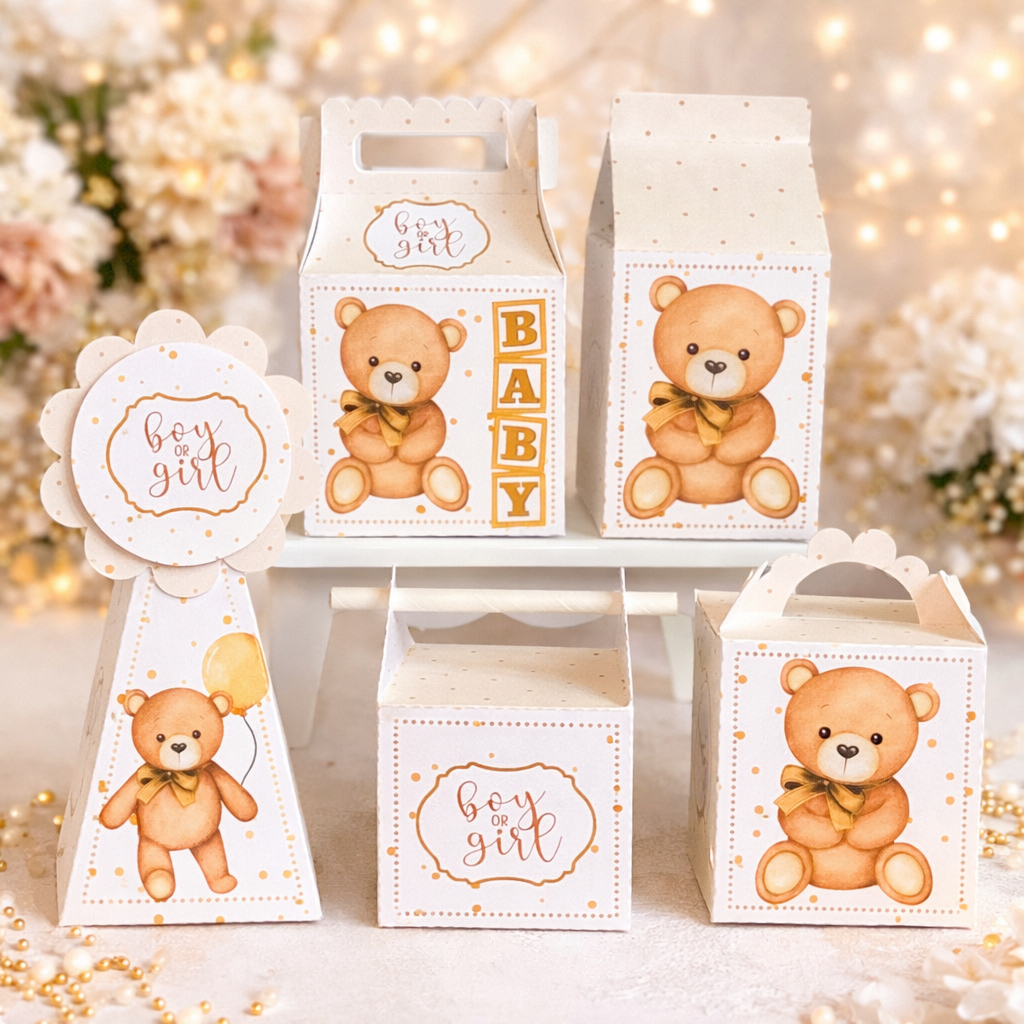 PEGUE E MONTE - Kit Festa Chá de Bebê Revelação Ursinho Neutro Dourado-Bege - Personalizados Lembrancinhas Caixinhas