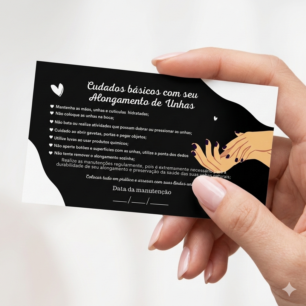 Cartão Cuidados Alongamento de Unhas Gel Fibra Acrigel Nail Designer Pós Procedimento Unhas Gel  Fibra de Vidro Acrílico