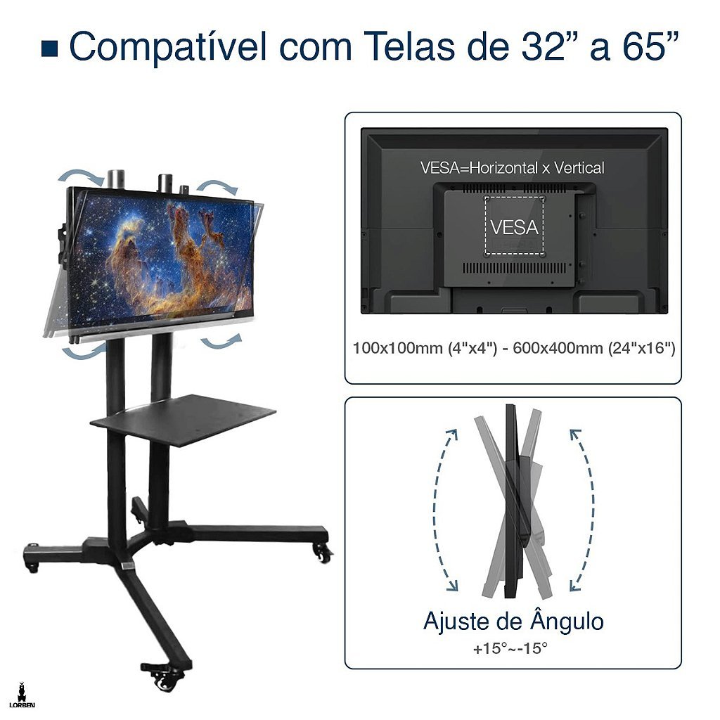 Suporte Pedestal de Chão Lorben TV 32 A 65 pol Bandeja Altura Ajustável