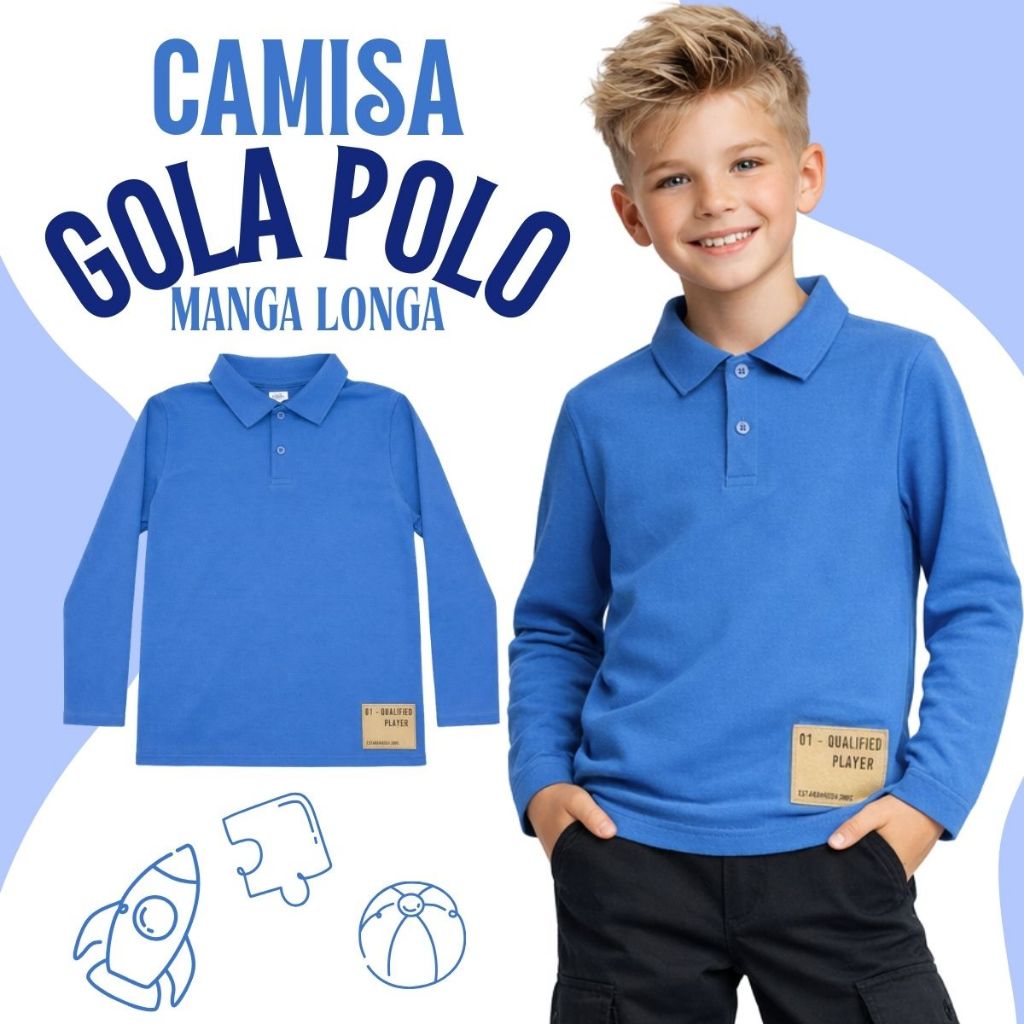 Camisa Gola Polo Menino Infantil de Manga Longa 100% Algodão Premium – Inverno