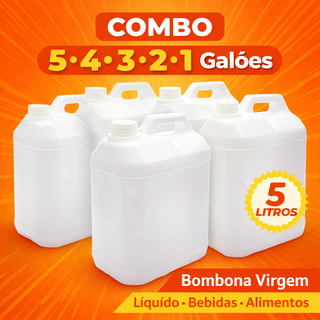 Combo 5, 4, 3, 2 ou 1 Galões Bombona Virgem 5 Litros Leitoso Líquido Bebidas Alimentos Resistentes