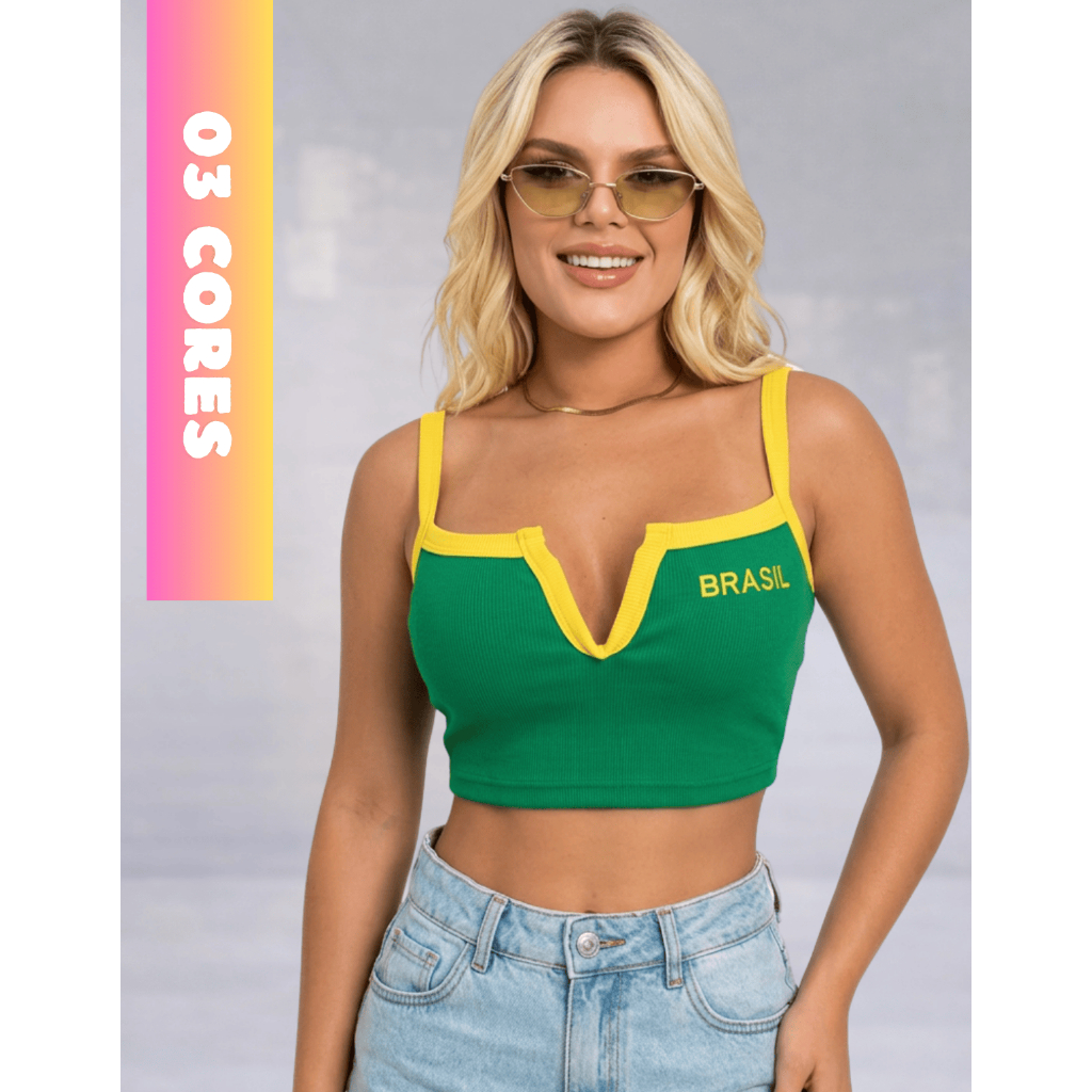 Cropped top Brasil Feminina em Ribana com Bandeira Bordado Seleção Brasileira