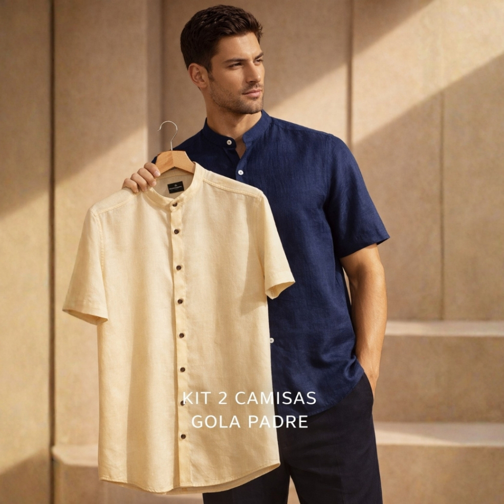 Kit 2 Camisa Masculina Slim Fit Gola Padre Aspecto Linho Premium Social Moderno