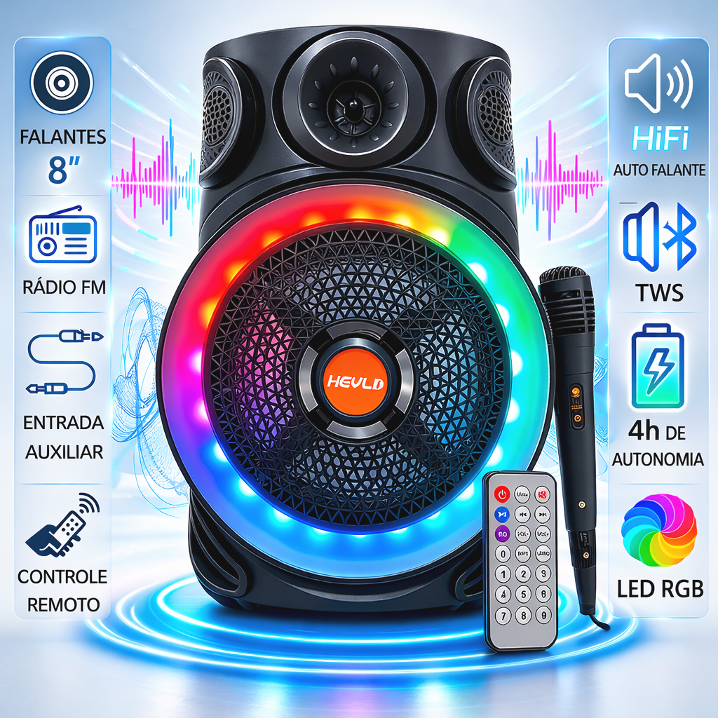 Caixa de Som Bluetooth Potente 2000W PMPO RGB + Microfone Karaokê USB SD Portátil