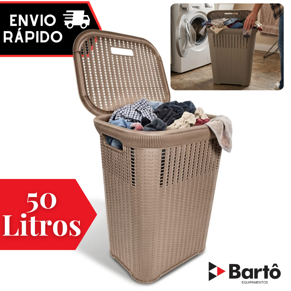 Cesto Telado Rattan 50 Litros Nude Com Tampa Premium Reforçado