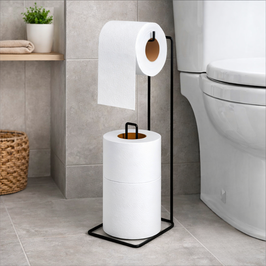 Porta Suporte Papel Higiênico De Chão 3 Rolos Papeleiro Banheiro Casa Em Aço Aramado P/ Lavanderias