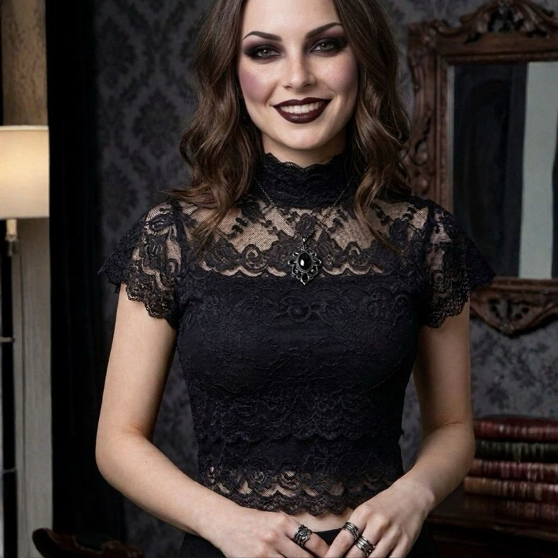 Cropped Blusa Renda Gola Alta Gotica Preto Dark Feminina Curta em Oferta na Shopee